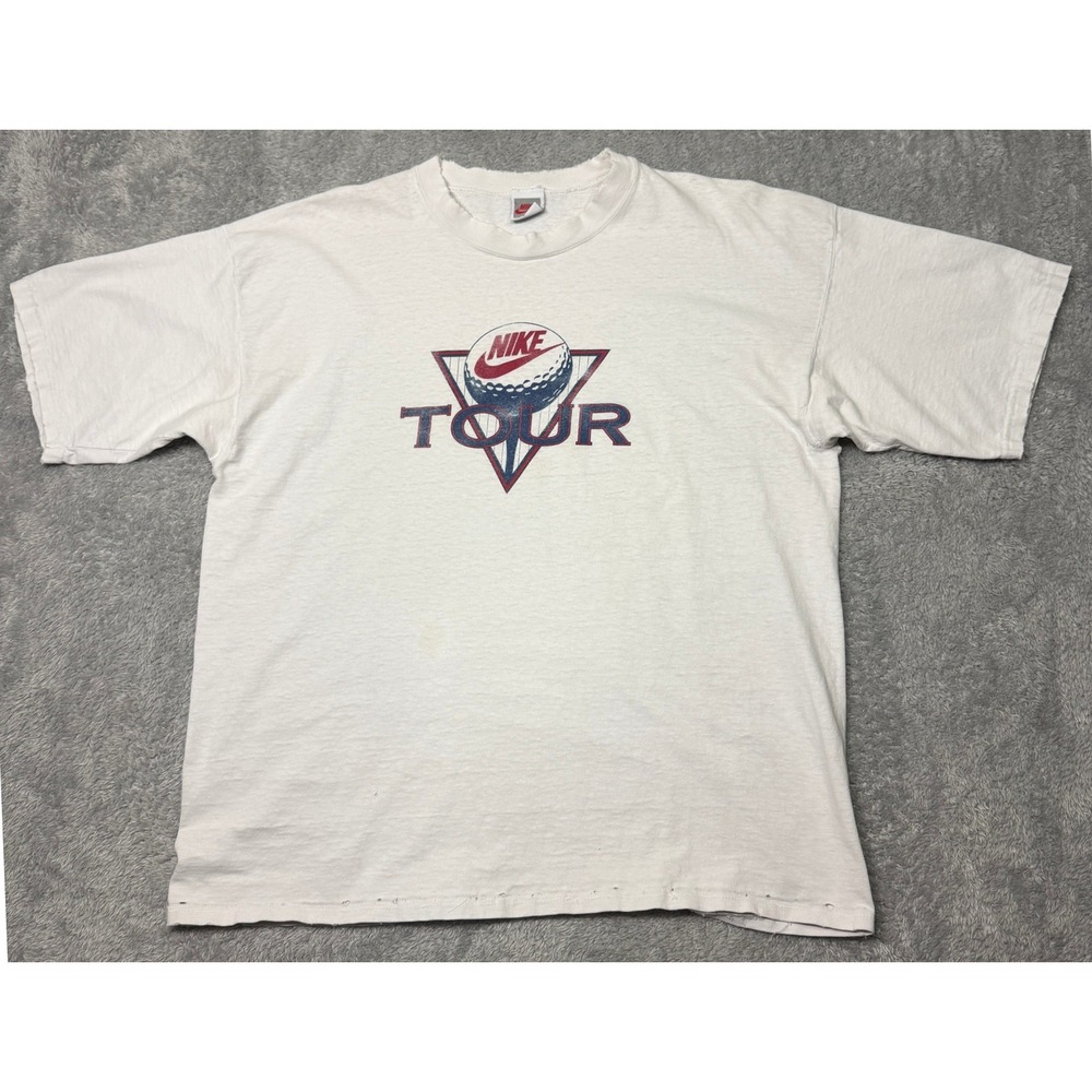 Vintage 90s Nike T Shirt Mens XL White Tour Golf Cotton Distressed Made in USA